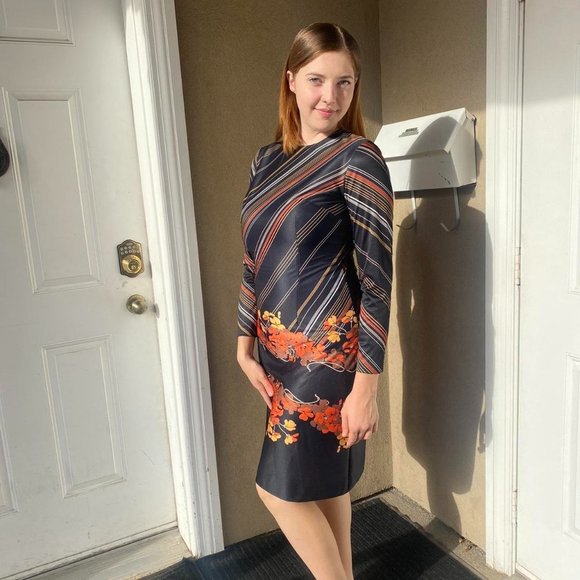 1970s Black Orange Striped Wiggle Dress - Picture 2 of 3